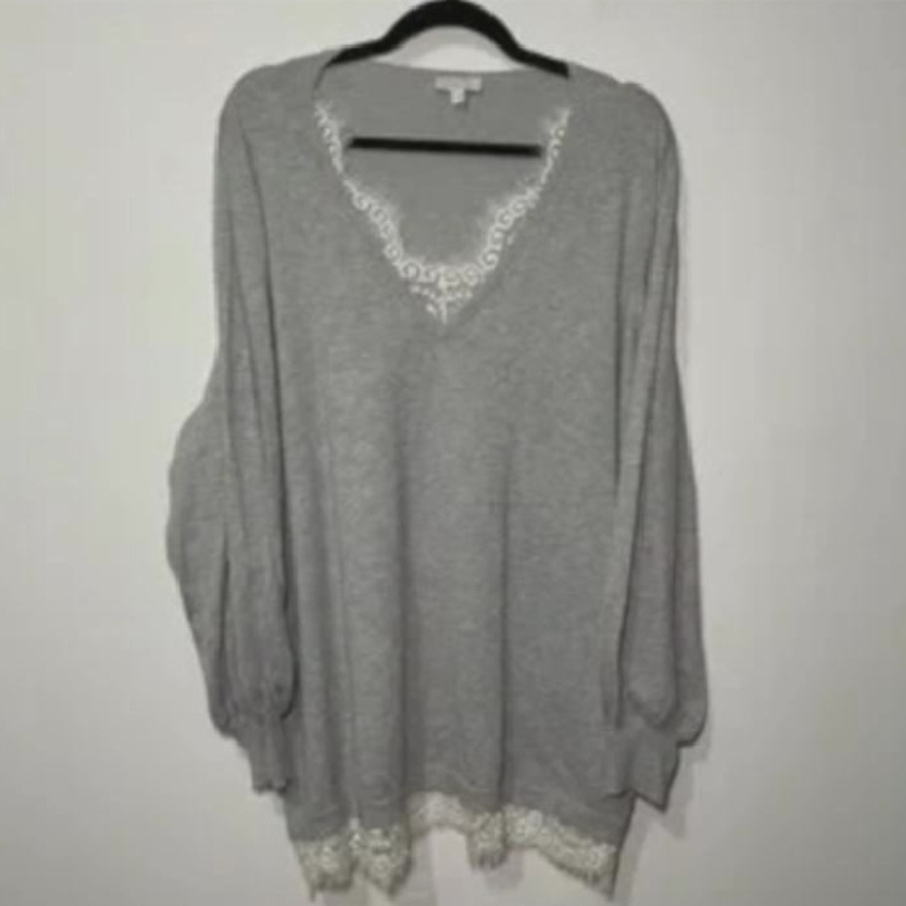 Women's Gray Lace-Trim V-Neck Sweater